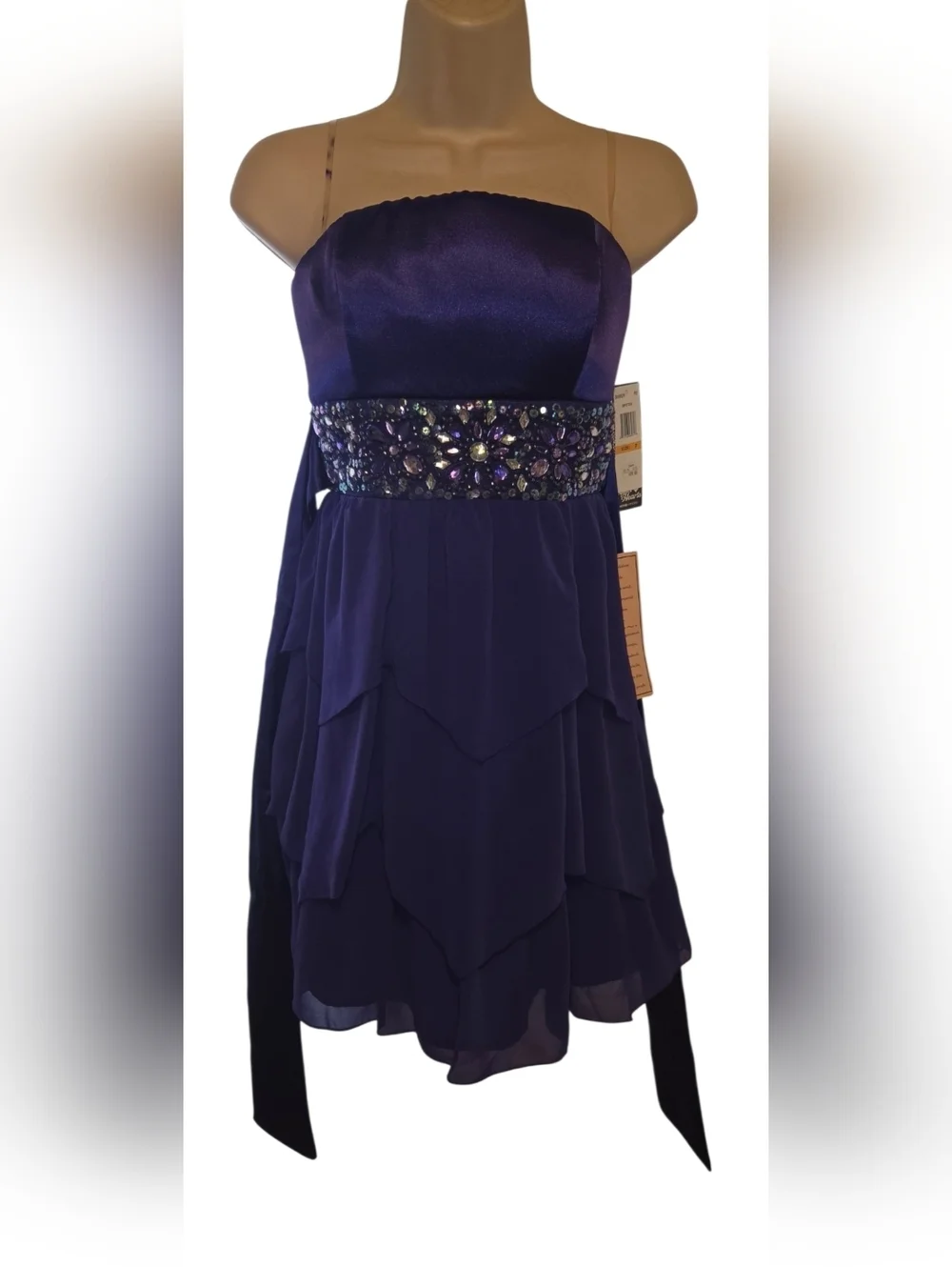 Sequin Hearts Purple Bejeweled Waist Layered Chiffon Prom Dress
